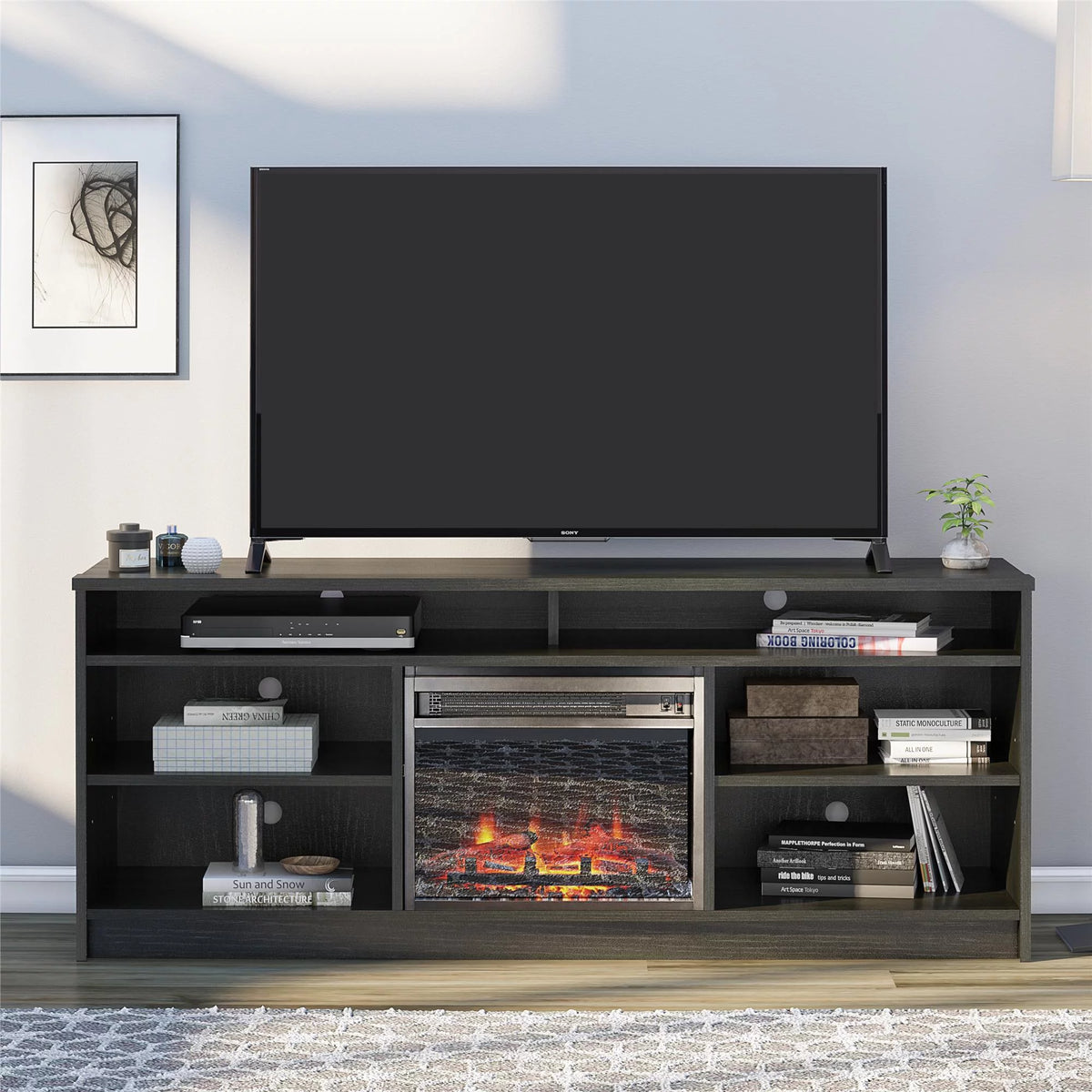 Black Oak TV Stand with Electric Fireplace Insert and 6 Shelves R45900