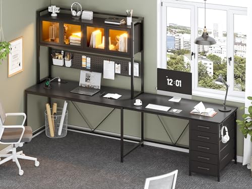 Rustic Brown L Shaped Gaming Desk with Drawers, Hutch, Storage Shelves, Pegboard, Led Lights, and Power Outlet S8283