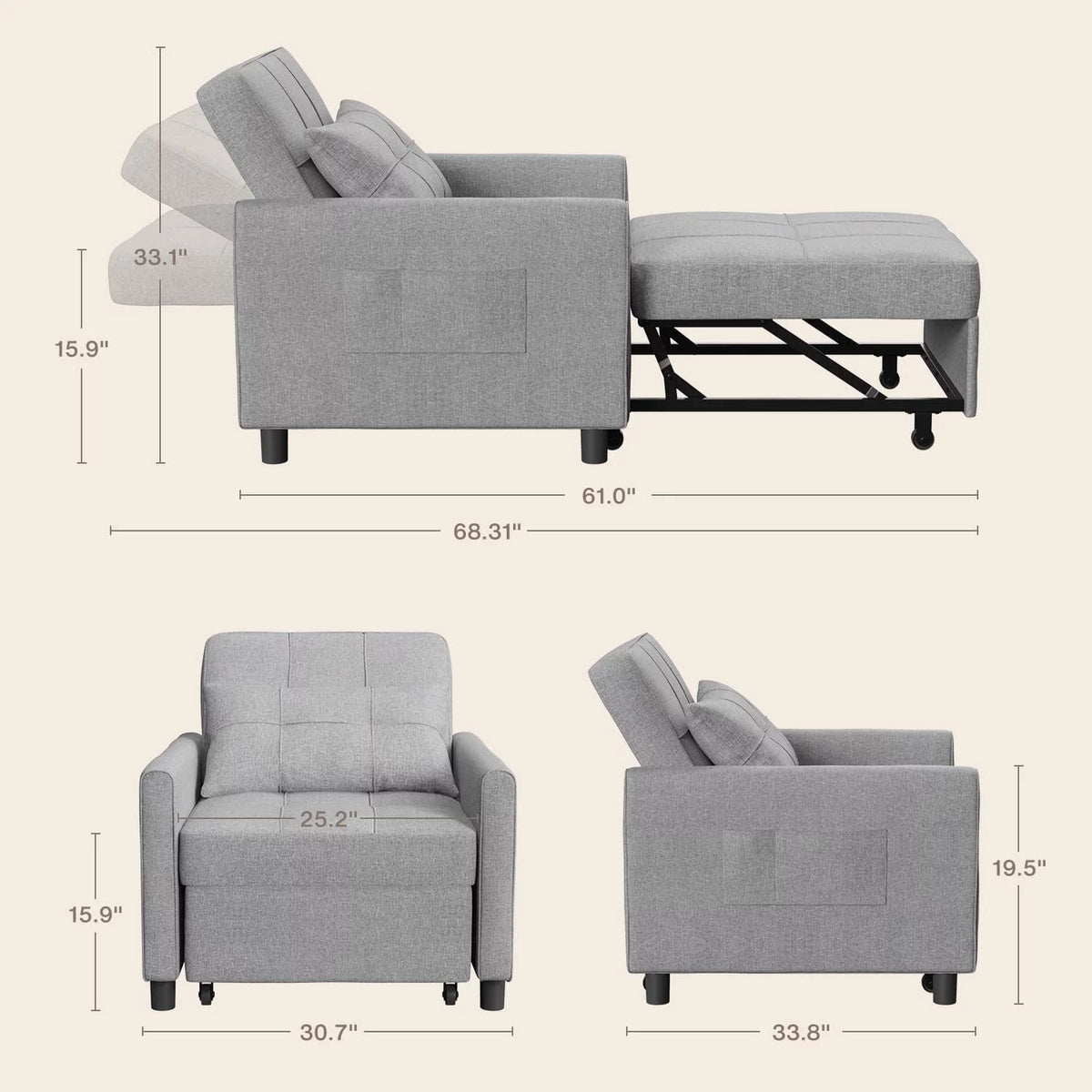 Grey Convertible Chair Single Bed M784