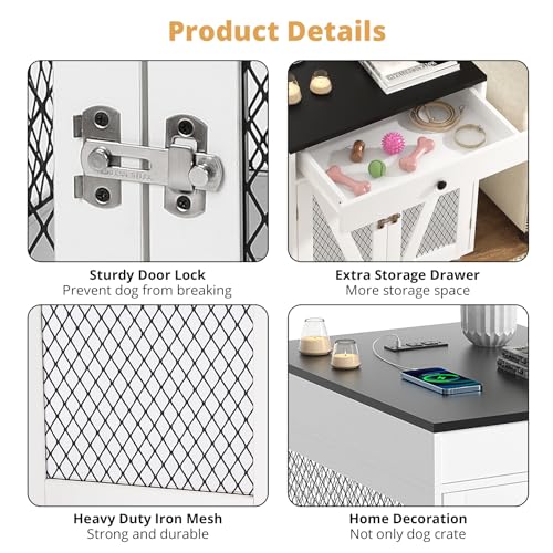 White Wooden Dog Crate End Table with Storage Drawer A110