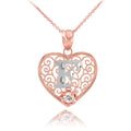 10K Rose Gold Filigree Heart Initial CZ Pendant Necklace with 20" chain N659033