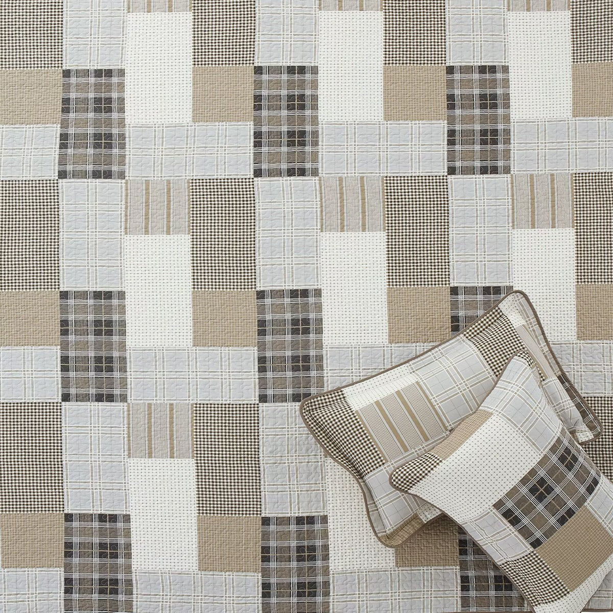 King Size 100% Cotton Beige Brown Patchwork Plaid Quilt Set 3-Piece K5475