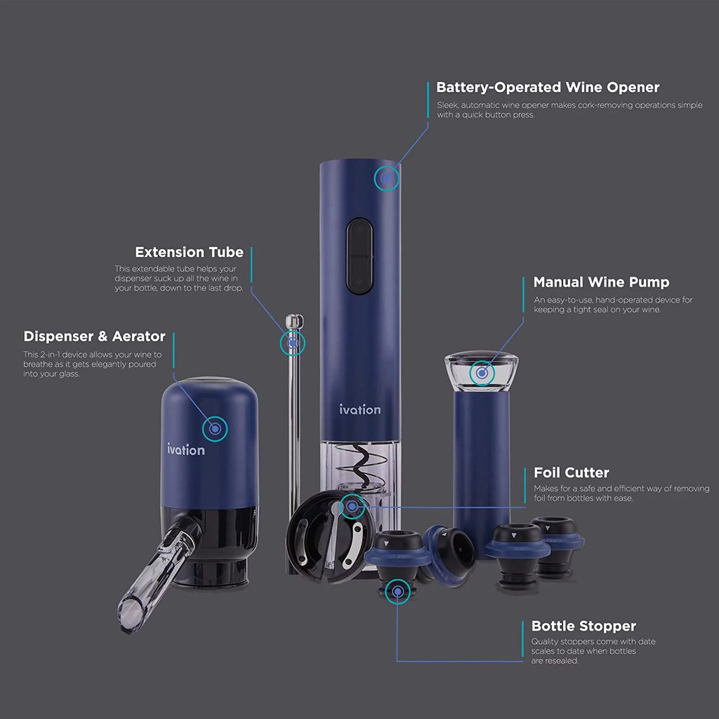 Wine Accessory Kit with Electric Bottle Opener, Aerator Dispenser, Preserver Pump, Cork Stoppers & Foil Cutter D1721