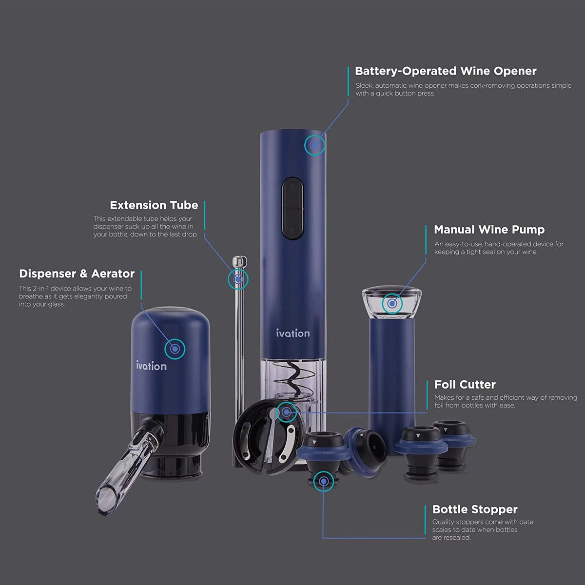 Wine Accessory Kit with Electric Bottle Opener, Aerator Dispenser, Preserver Pump, Cork Stoppers & Foil Cutter D1721