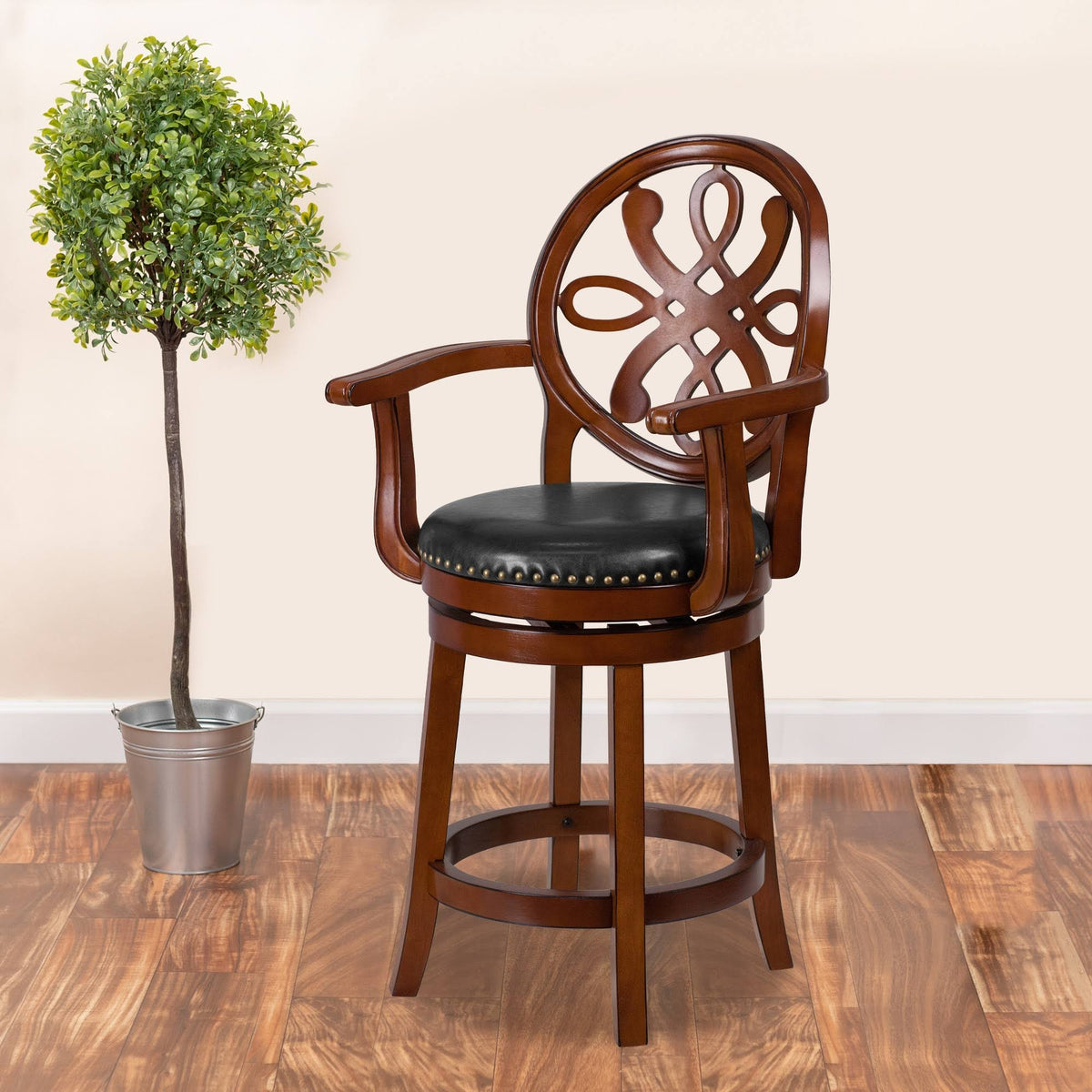 26" High Wood Counter Height Stool with Arms and Black Leather Swivel Seat P765