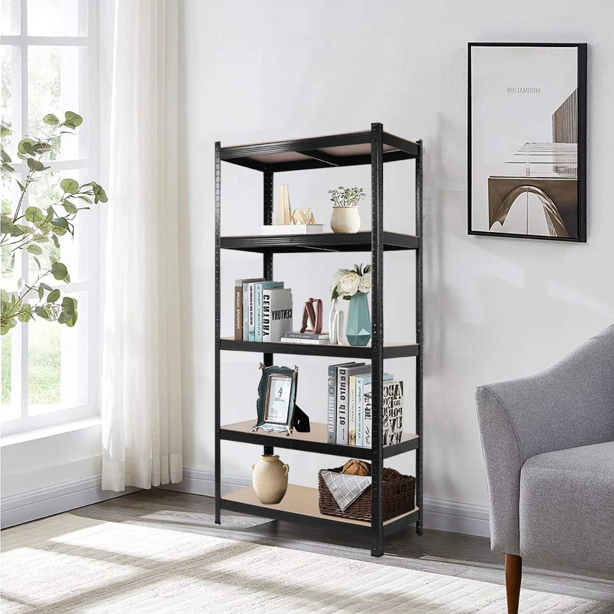 5 Tier Adjustable Heavy Duty Metal Storage Shelving, Black, 35.4" x 15.7" x 70" B966936