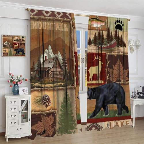 Rustic Bear Moose Deer Curtains, Retro Pine Tree Cabin Country Lodge Camping Window Treatments Vintage Tribal Aztec Abstract Geometric Blackout Window Drapes 42x63in T278