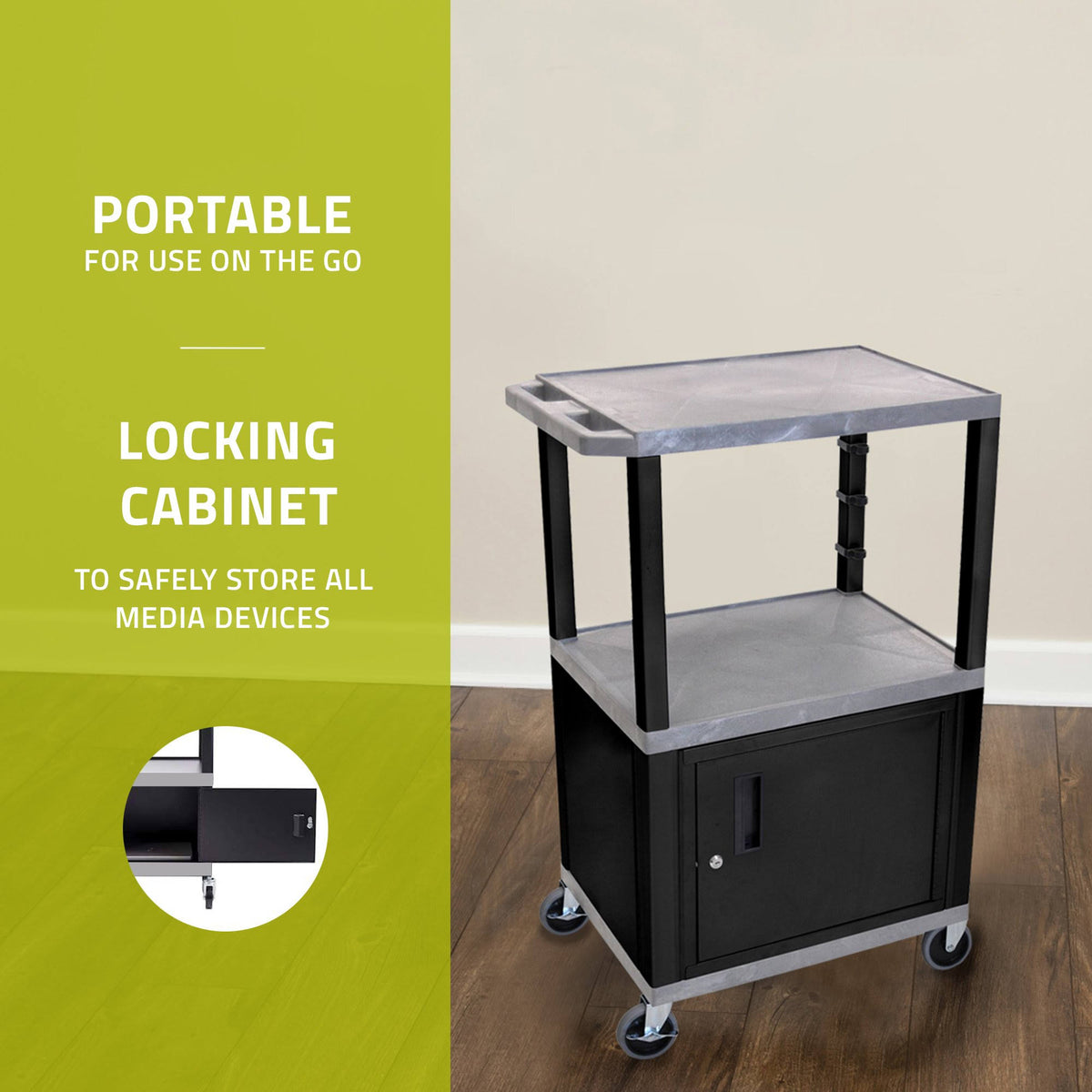 Gray 3 Shelf AV Cart with Cabinet F162