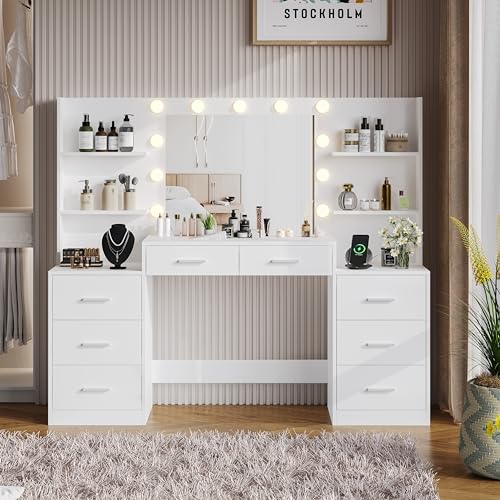 White Vanity Desk with Mirror & Lights, 8 Drawers R99151