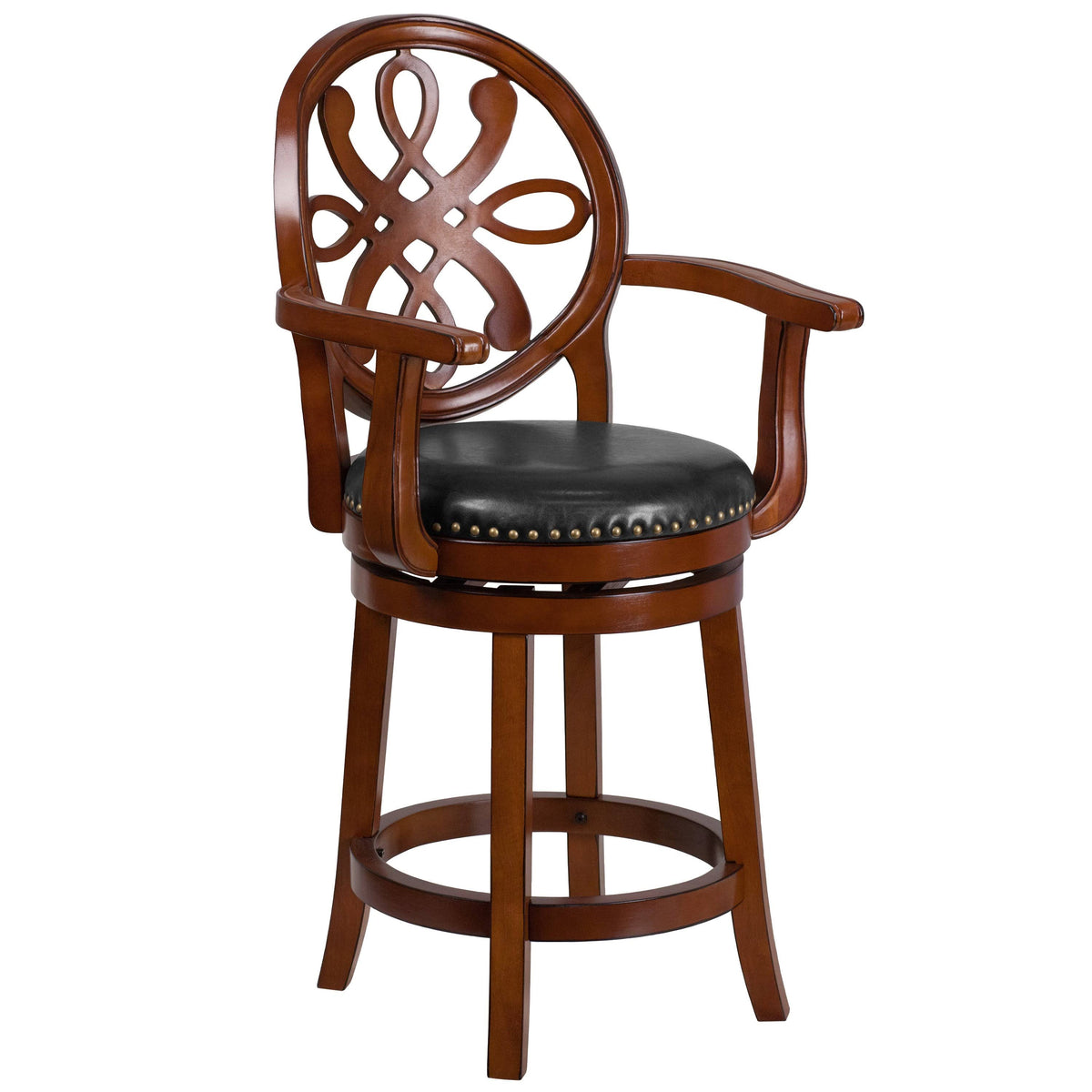 26" High Wood Counter Height Stool with Arms and Black Leather Swivel Seat P765