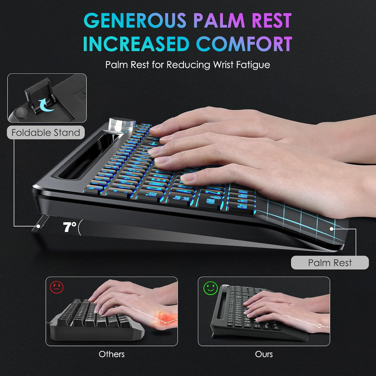 2.4G Wireless Large Print Full Size Keyboard with 7 Colored Backlit J4995