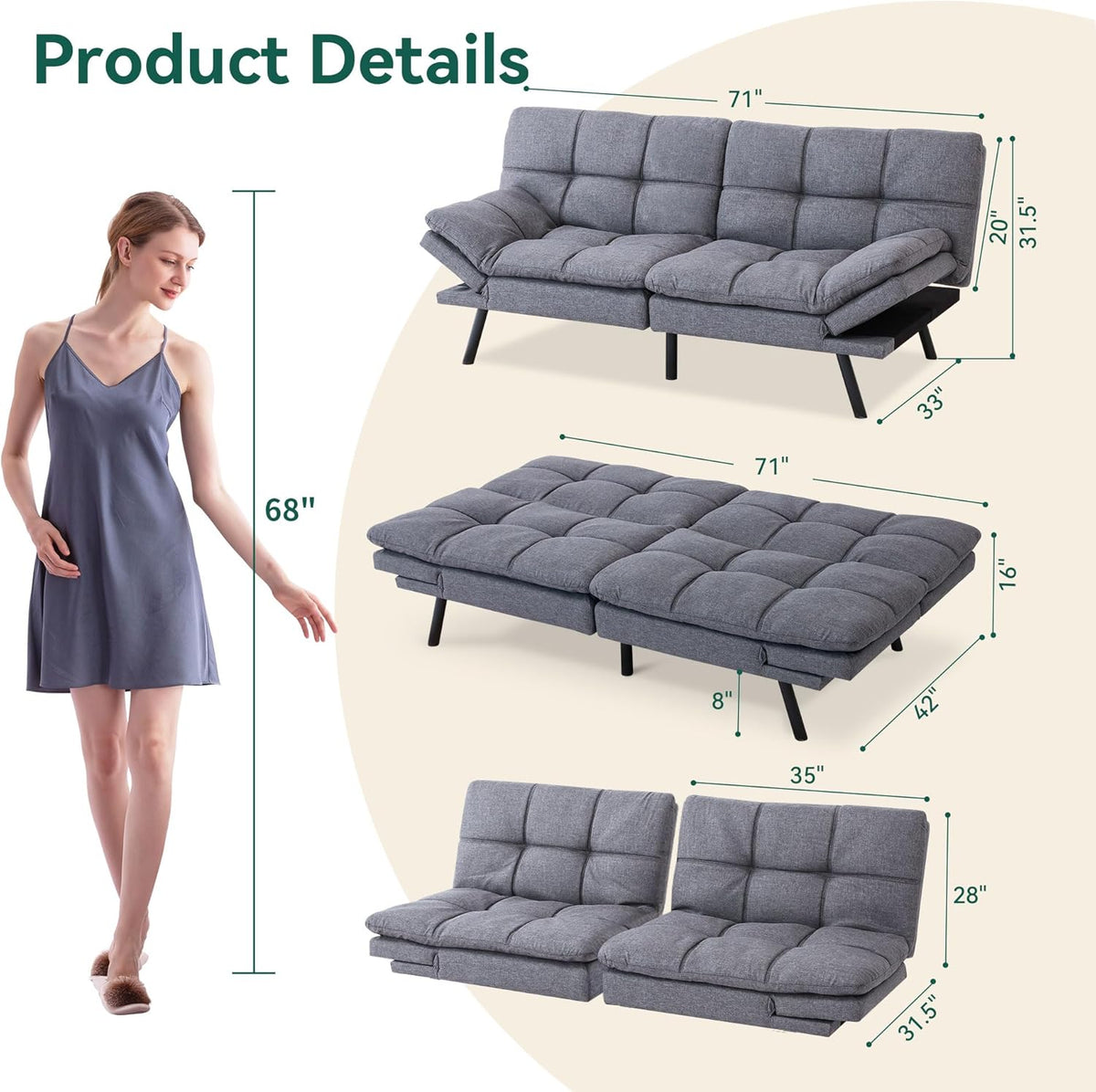 Gray Memory Foam Convertible Sofa Bed X85616