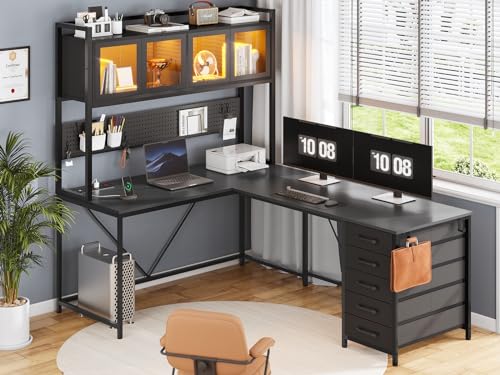 Rustic Brown L Shaped Gaming Desk with Drawers, Hutch, Storage Shelves, Pegboard, Led Lights, and Power Outlet S8283