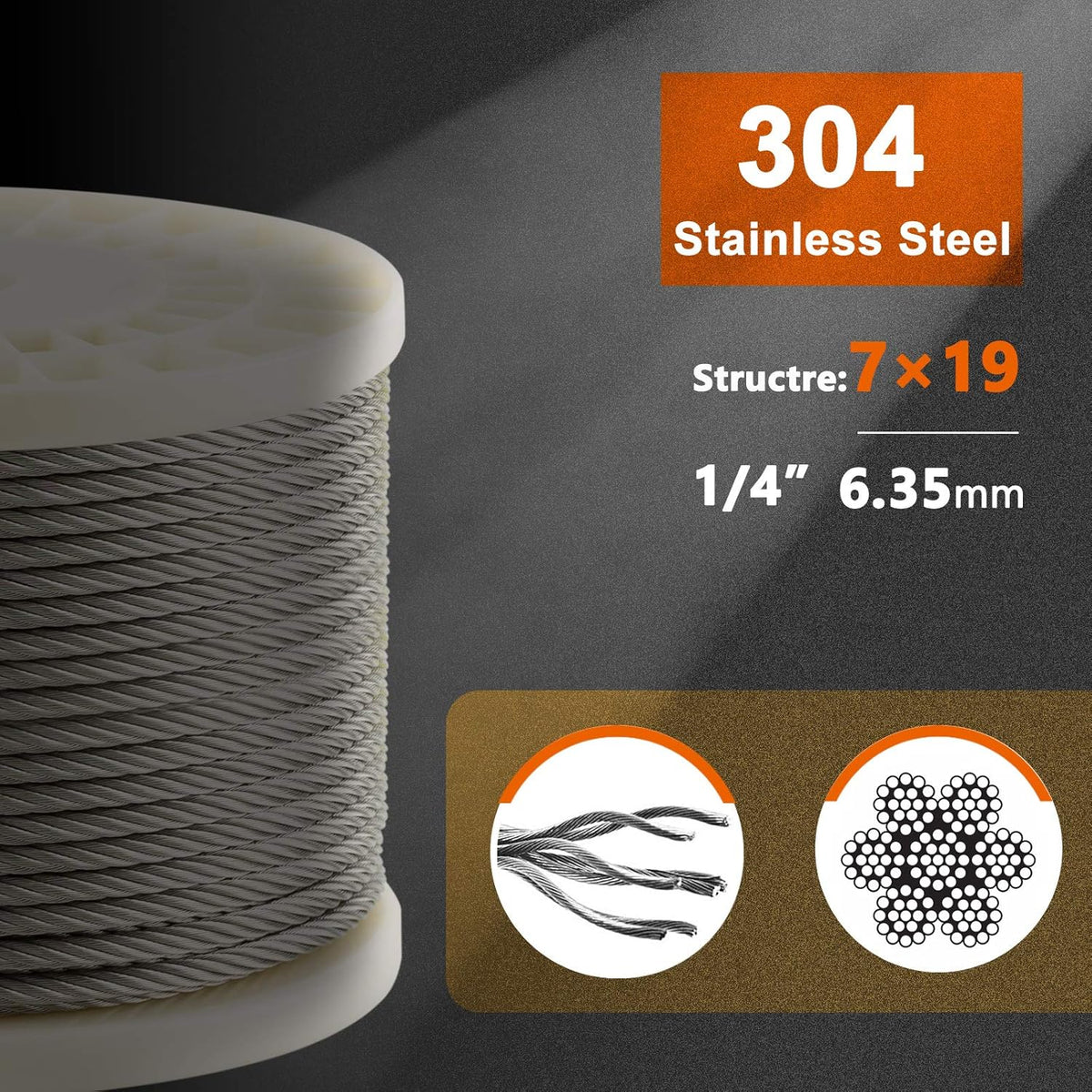 1/4 Stainless Steel Aircraft Cable with Clamps & Thimbles 200Ft B8251
