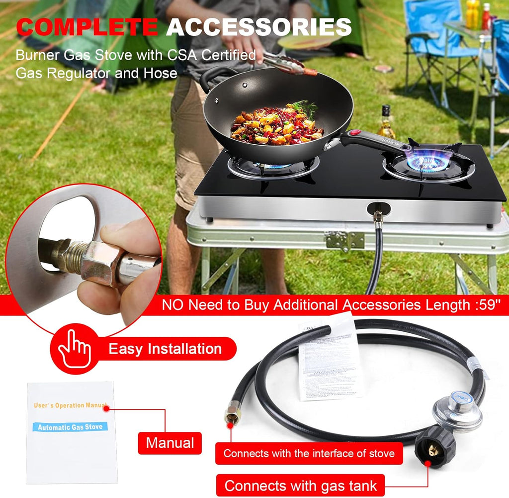 Propane Gas Cooktop 2 Burners Tempered Glass Auto Ignition Q37233