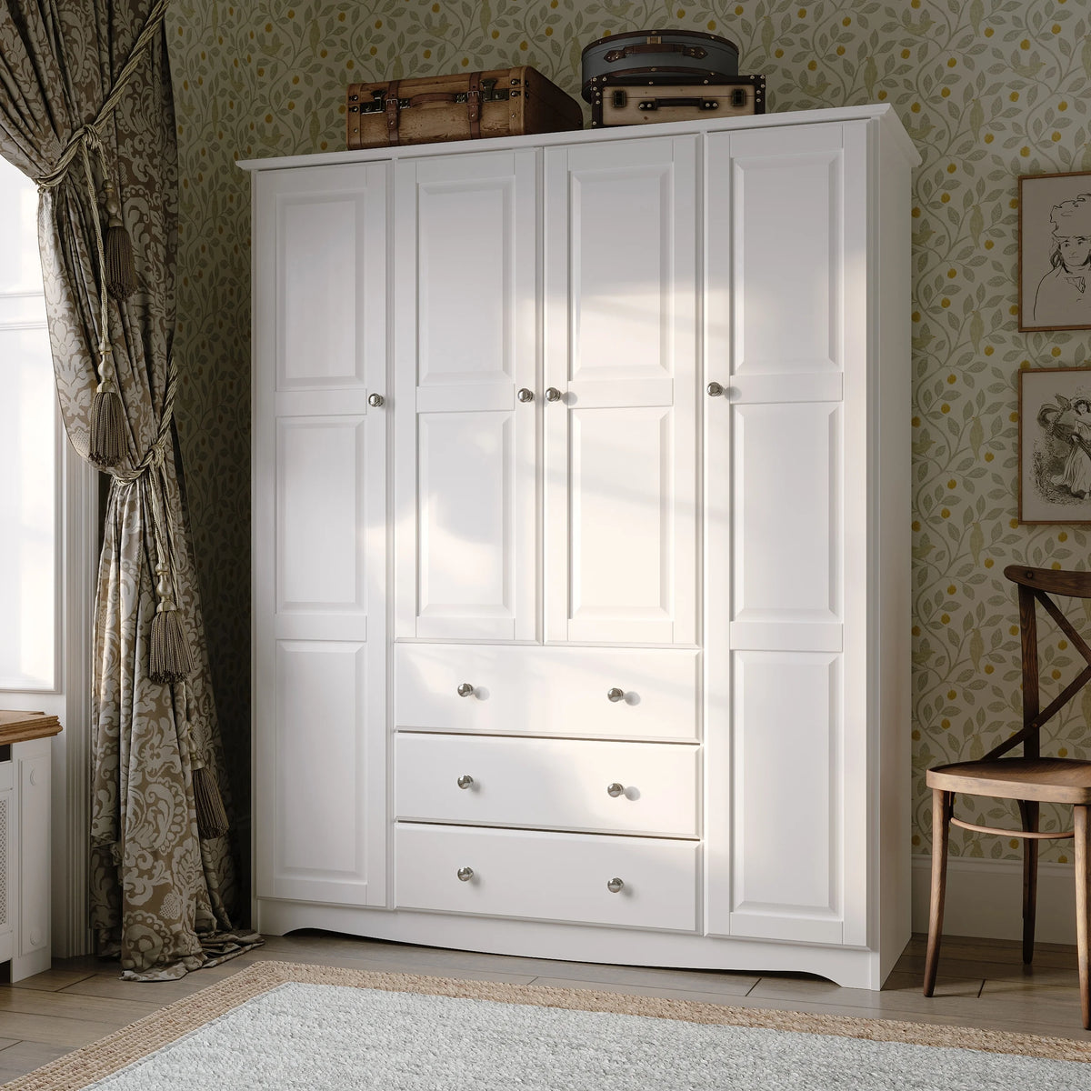 100% Solid Wood 4-Door Wardrobe Armoire White P3965