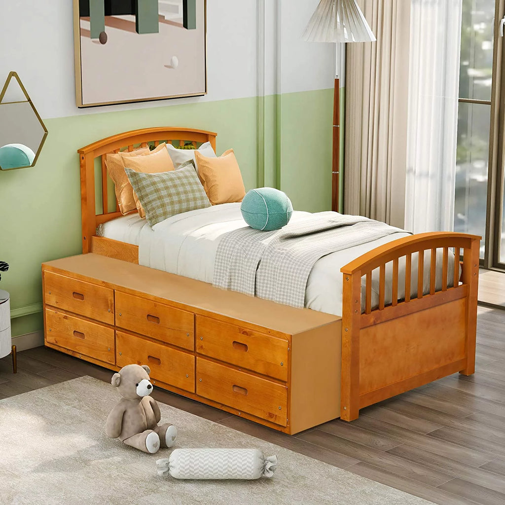 Twin Size Wood Platform Storage Bed with 6 Drawers W6128