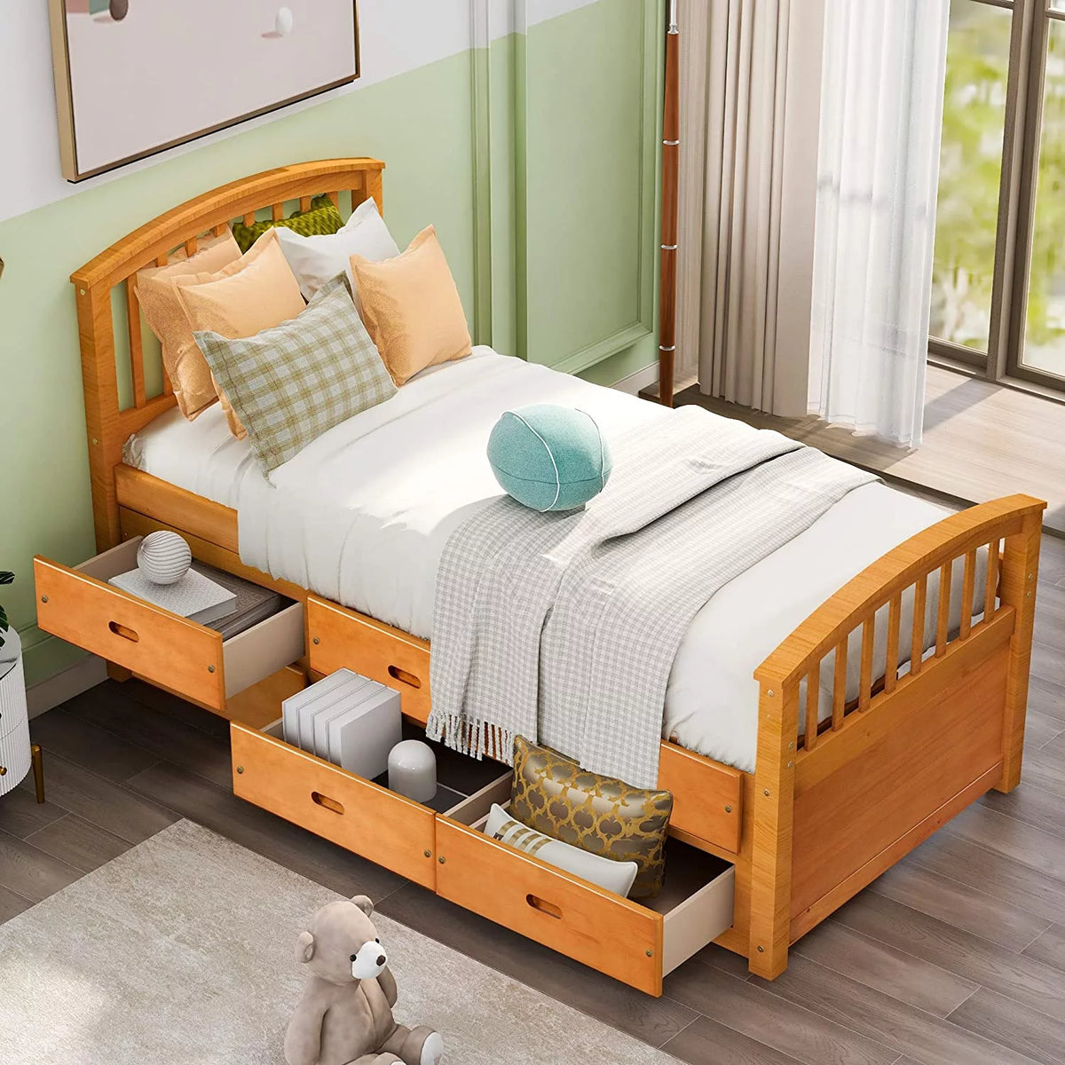 Twin Size Wood Platform Storage Bed with 6 Drawers W6128