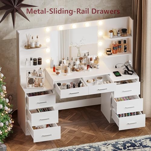 White Vanity Desk with Mirror & Lights, 8 Drawers R99151