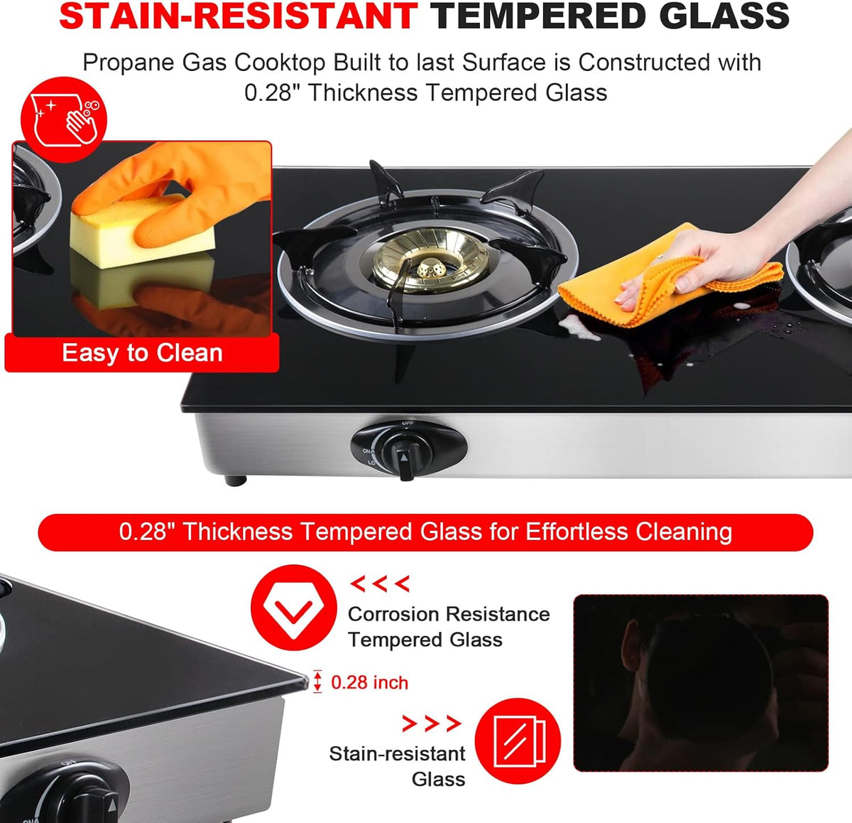 Propane Gas Cooktop 2 Burners Tempered Glass Auto Ignition Q37233