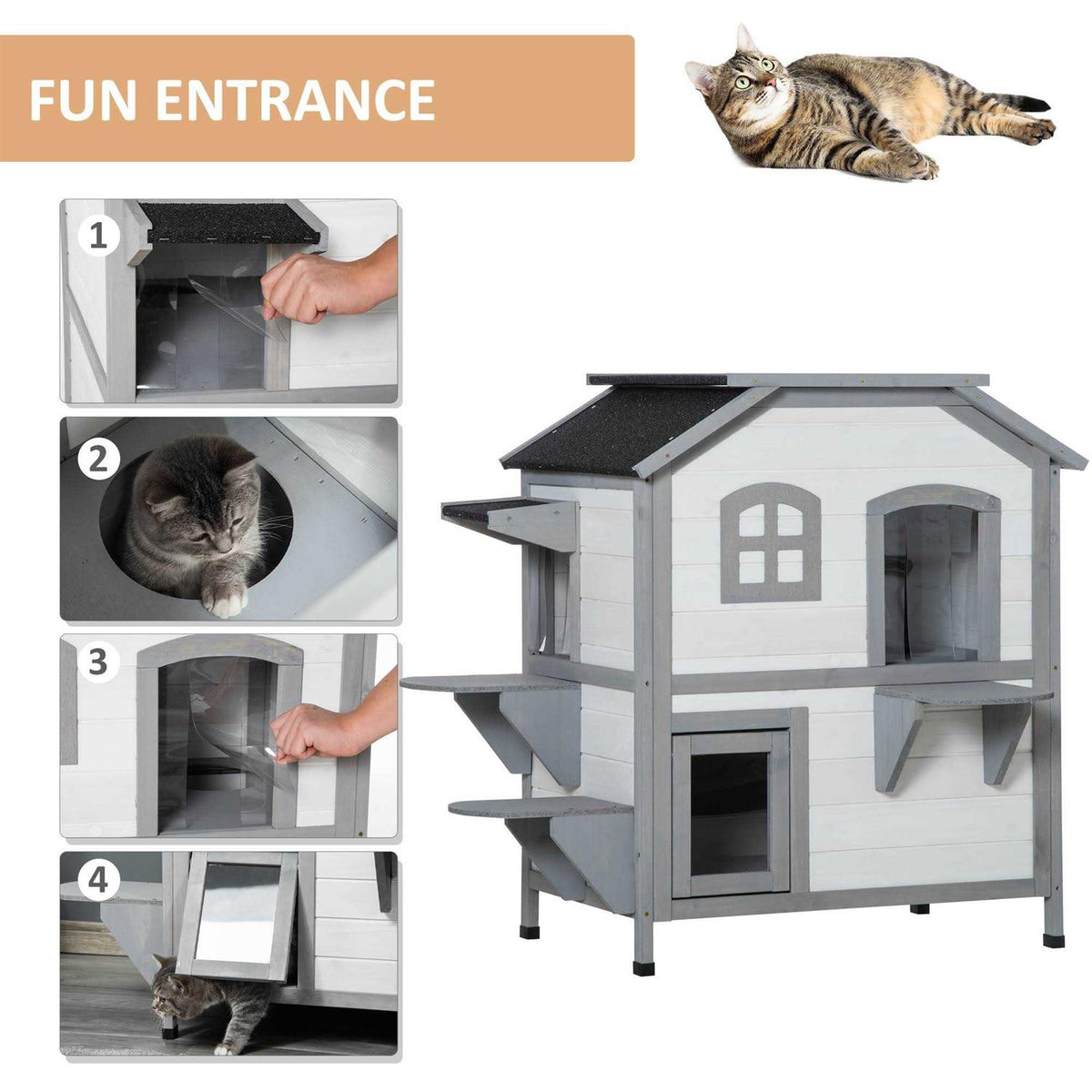 Wooden 2-Story Outdoor Cat House with Escape Door S9517