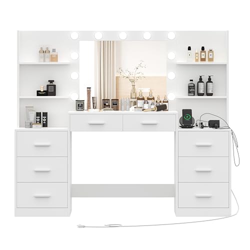 White Vanity Desk with Mirror & Lights, 8 Drawers R99151