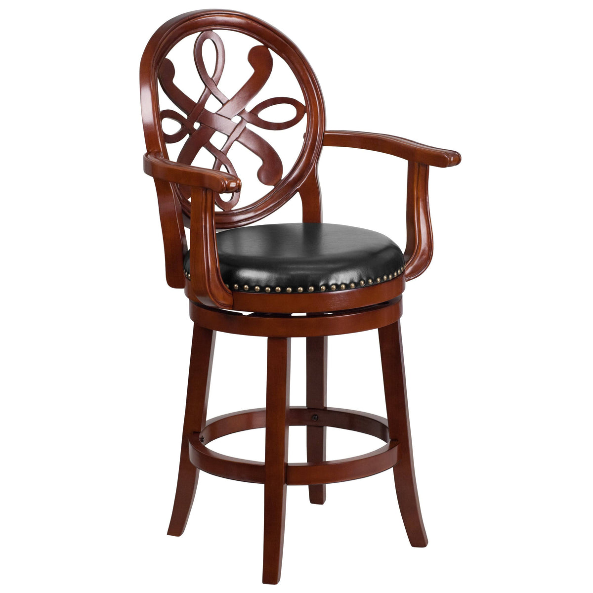 26" High Wood Counter Height Stool with Arms and Black Leather Swivel Seat P765
