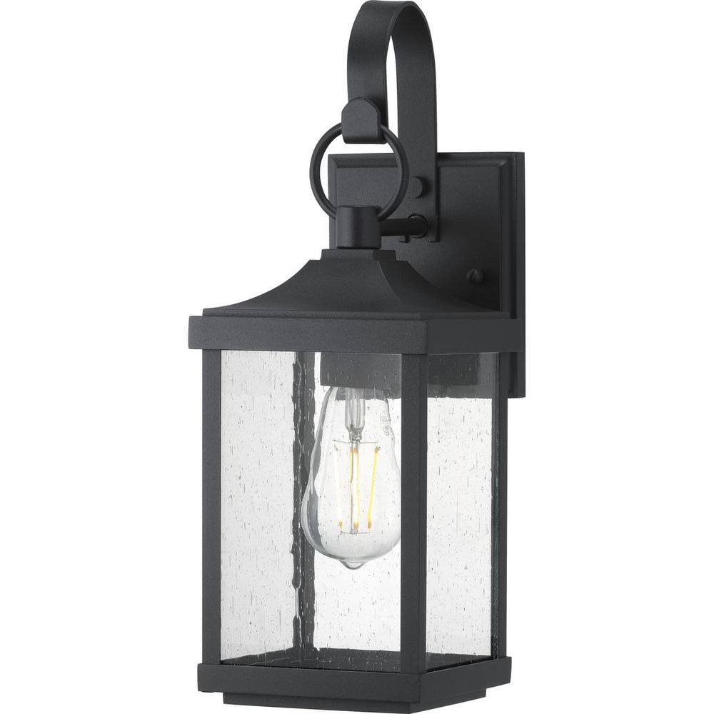 1-Light Textured Black Outdoor Wall Lantern with Clear Seeded Glass M26207