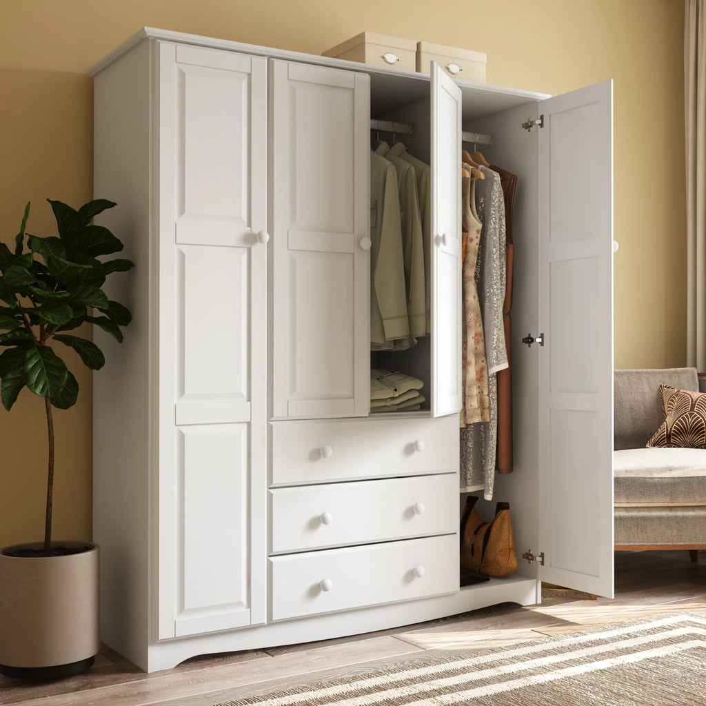100% Solid Wood 4-Door Wardrobe Armoire White P3965