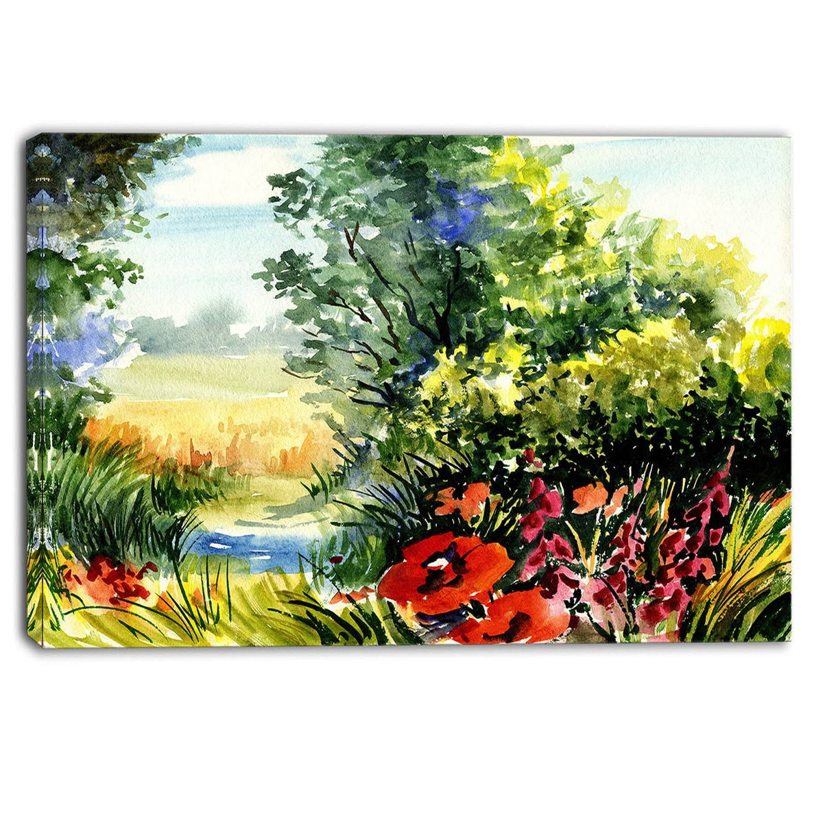 Watercolor Landscape with Flowers Canvas Print Green 40 in. Wide x 20 in. High H114