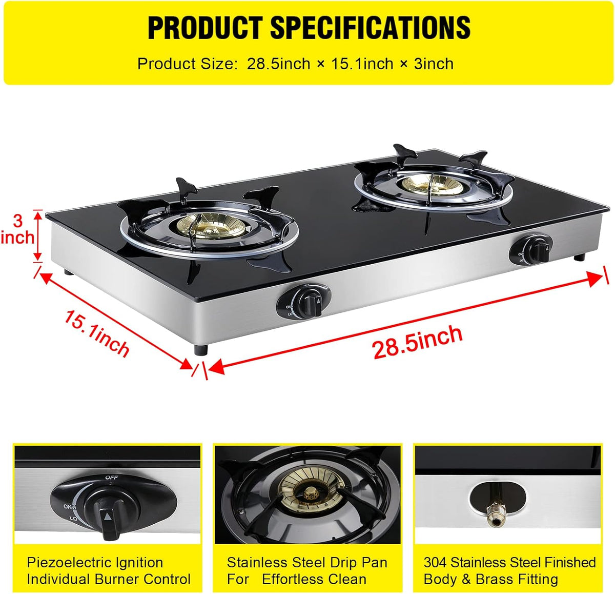 Propane Gas Cooktop 2 Burners Tempered Glass Auto Ignition Q37233