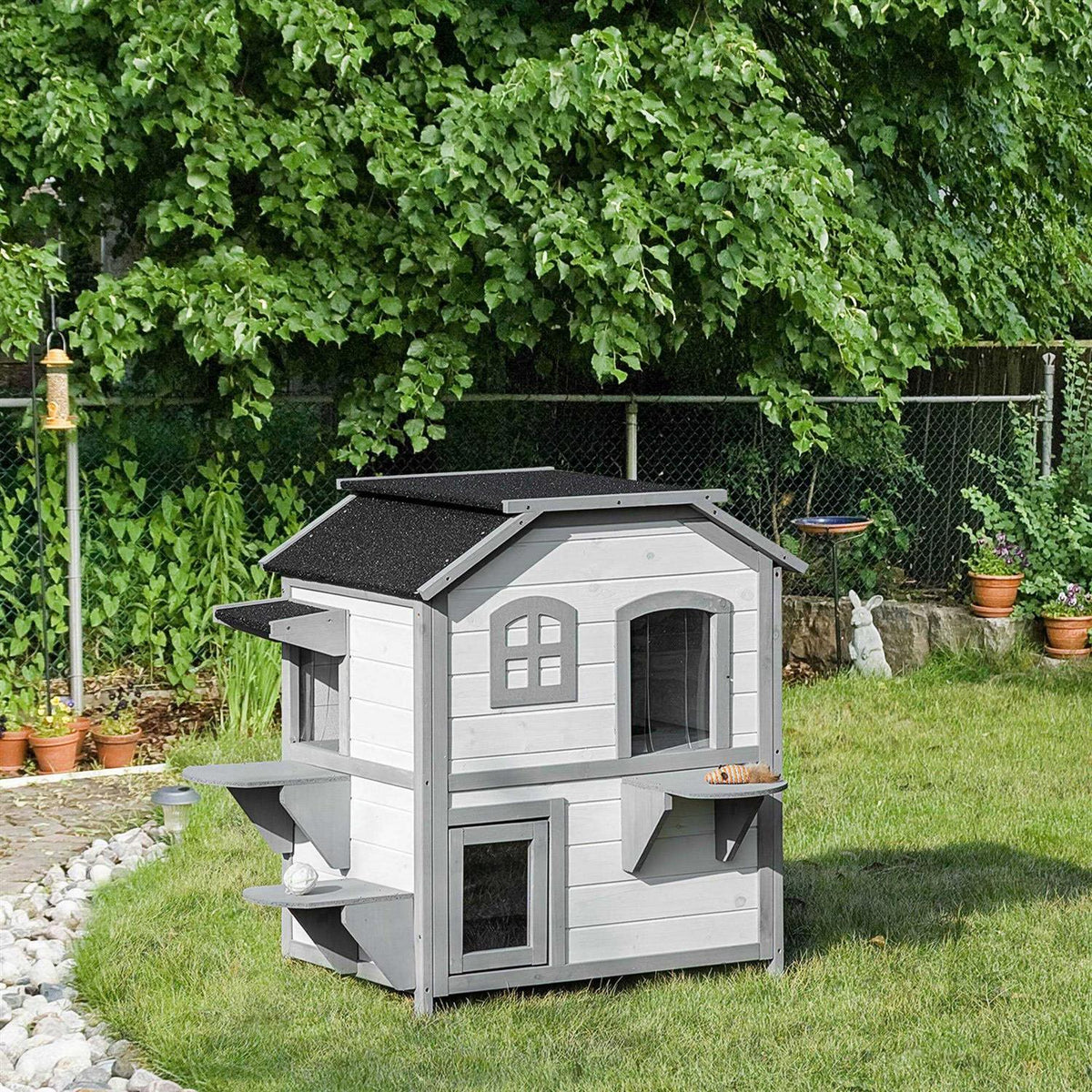 Wooden 2-Story Outdoor Cat House with Escape Door S9517