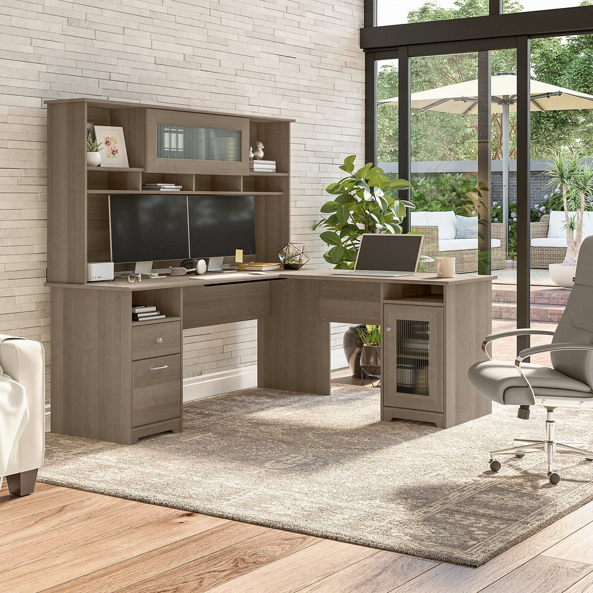 72W L Shaped Computer Desk with Hutch in White C18619