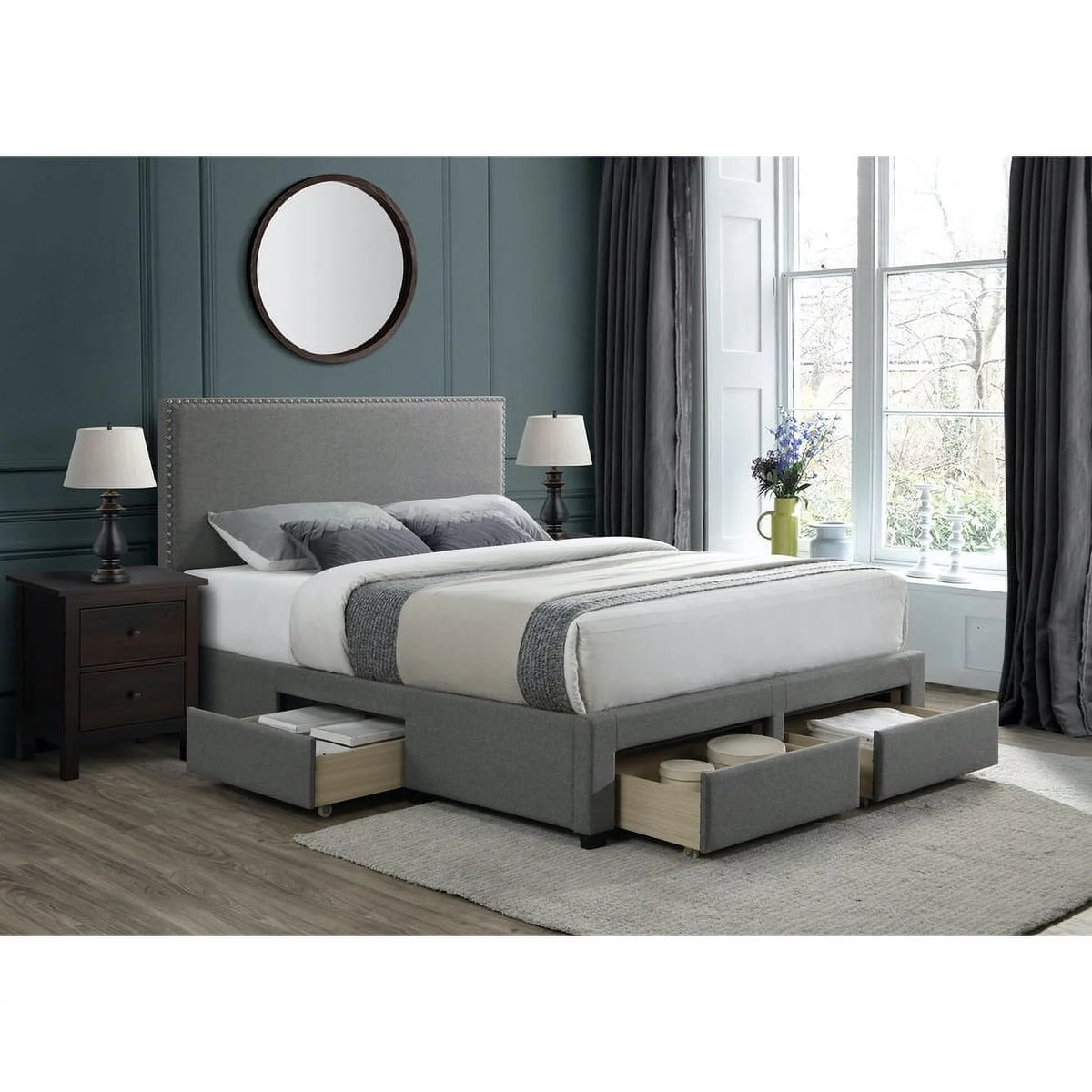 Grey Upholstered Platform Storage Bed Queen A9496