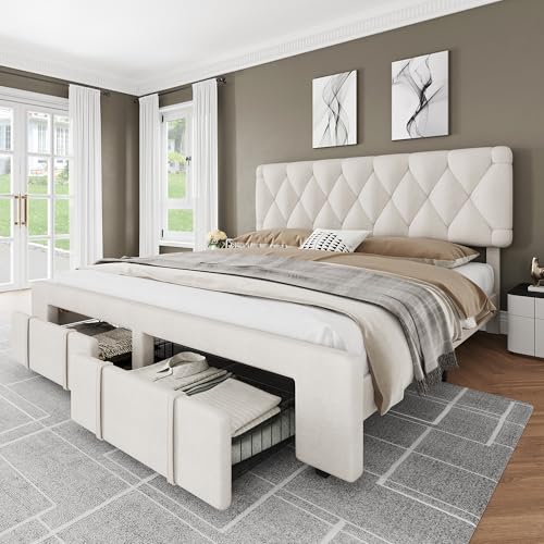 Queen Size Upholstered Platform Bed Frame with Storage Drawers L1826