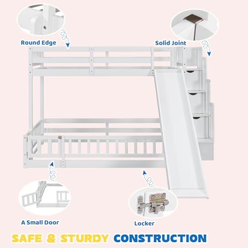 White Twin Over Full Bunk Bed with Slide and Stairs Q712