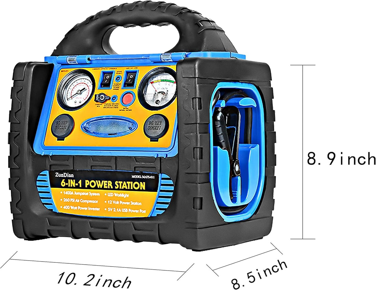 1400 Amp Battery Jump Starter with Air Compressor Car Tire Inflator, 110V 400W Power Inverter USB DC AC Outlet, 12V Emergency Auto Battery Booster Pack G206