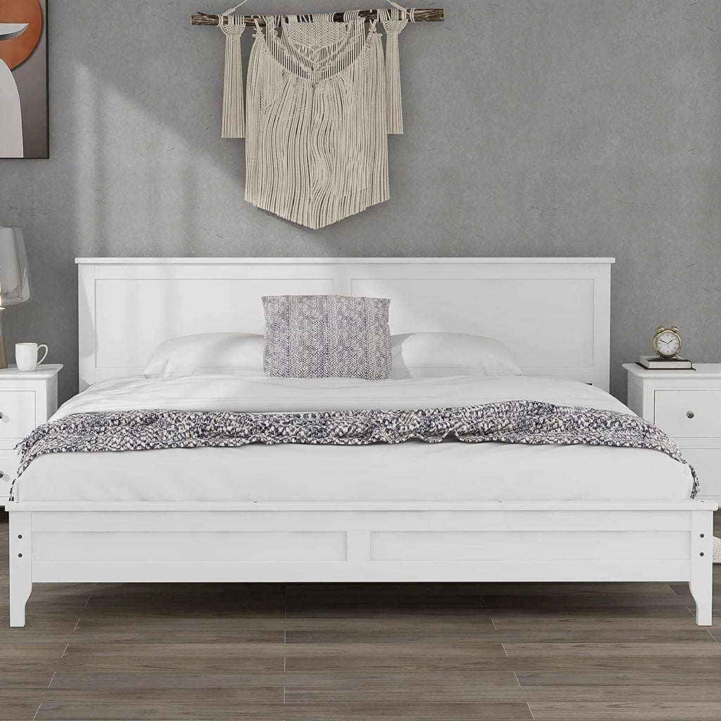 White Platform Bed with Headboard, Wood Bed Frame with Slat Support V304