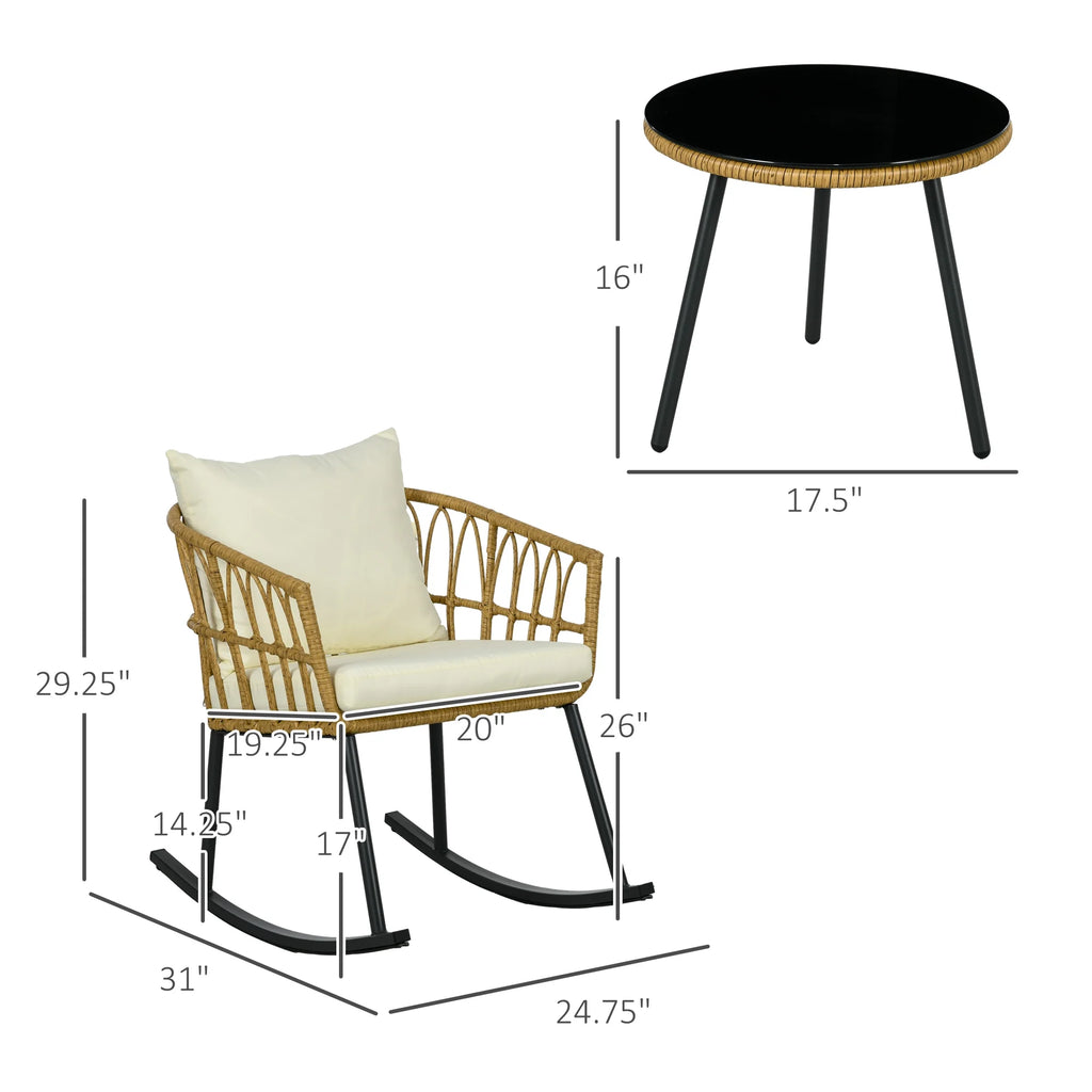 White 3 Piece Patio Rocking Chair Set with Cushions and Glass Top Z141