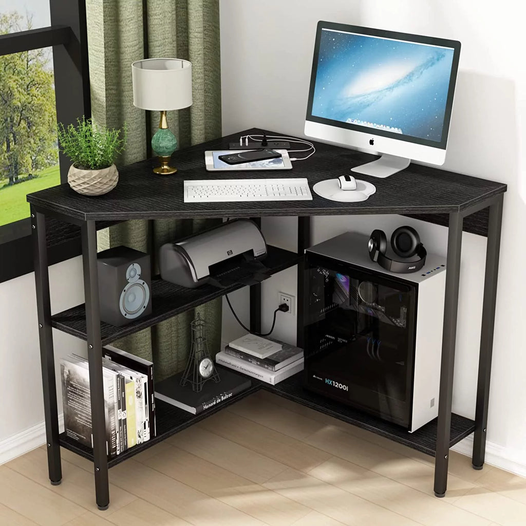 Corner Desk with Outlets USB Ports Storage Shelves I349