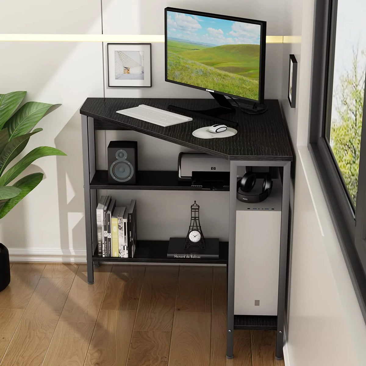 Corner Desk with Outlets USB Ports Storage Shelves I349