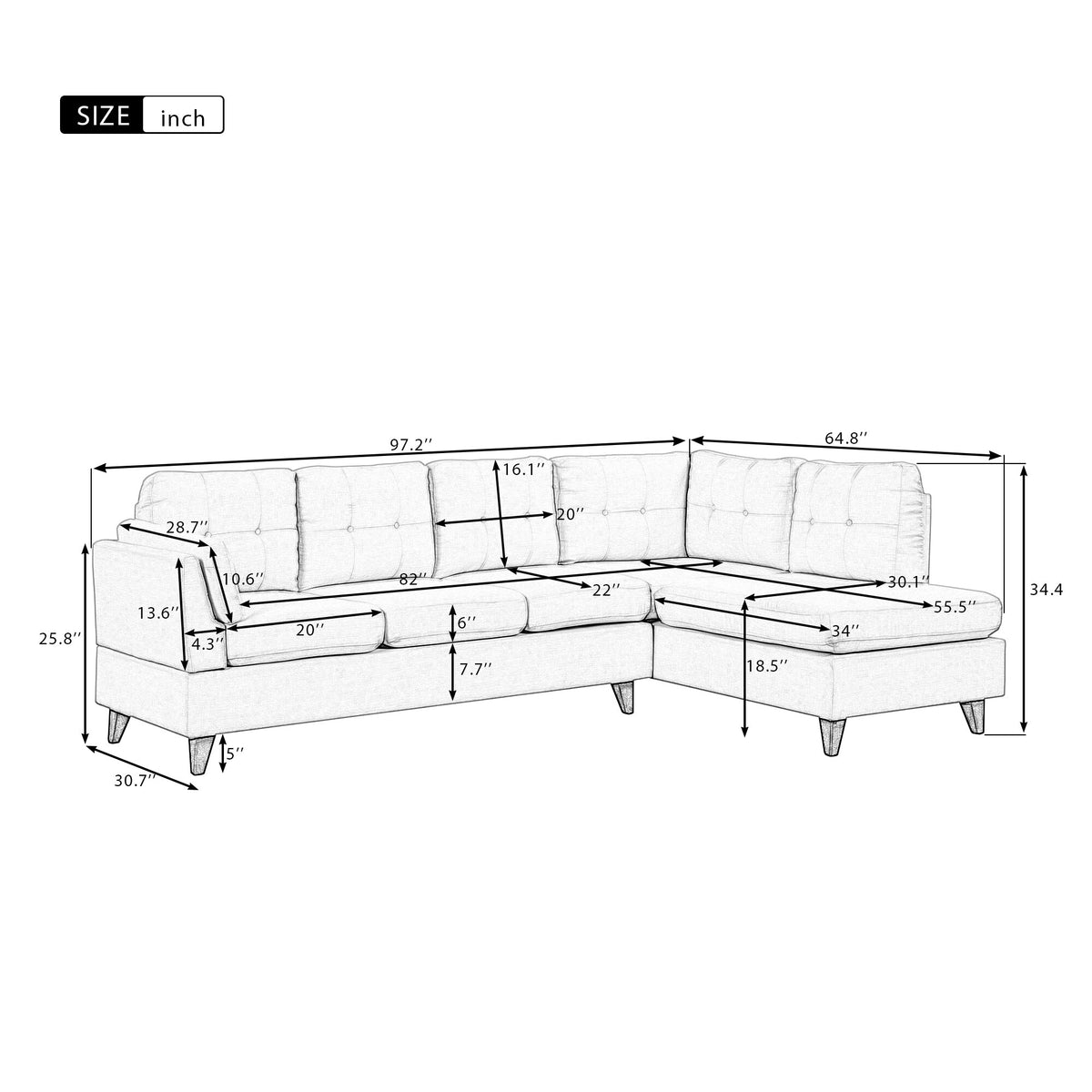 Beige Linen Fabric Sectional Sofa with Lumbar Pad M627