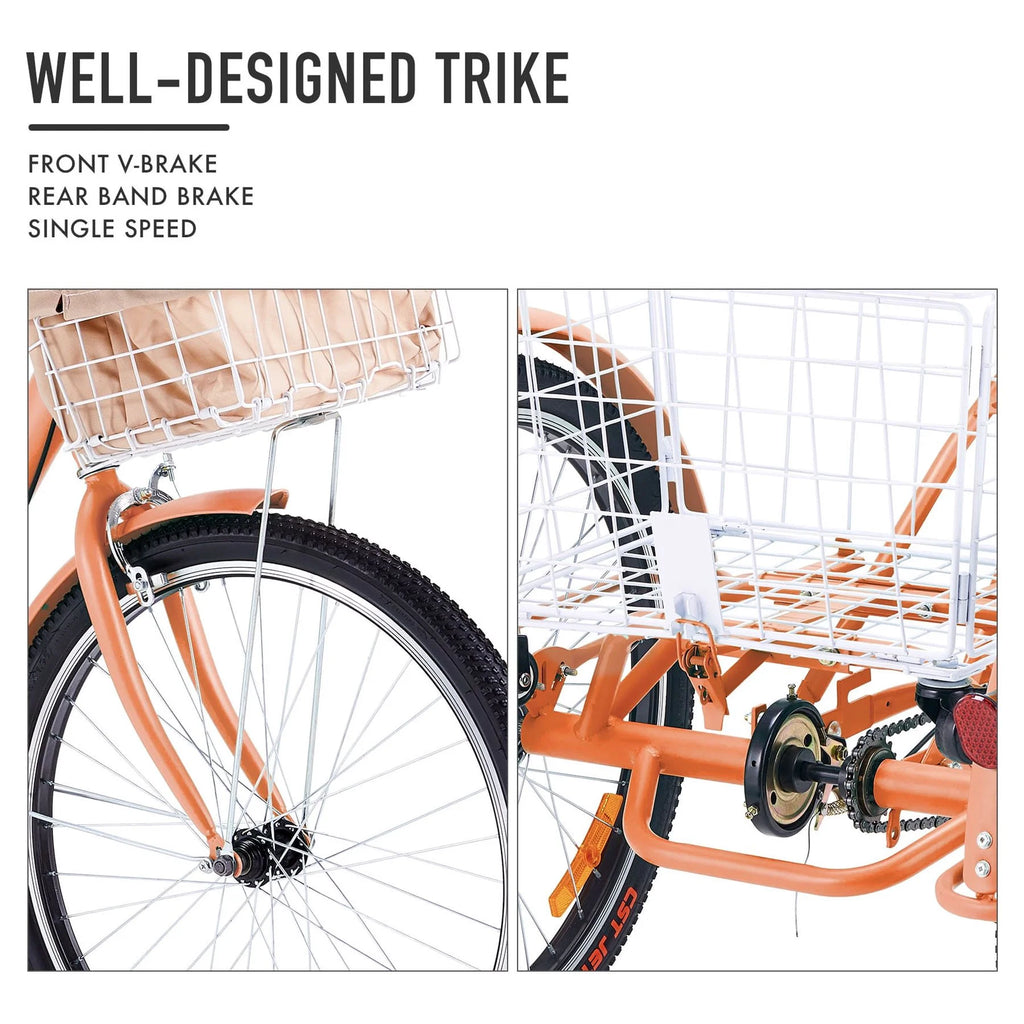 26Inch Single Speed Adult Tricycle 3 Wheel Cruiser Bike with Removable Wheeled Basket V9568