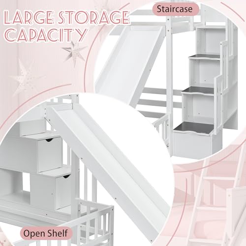 White Twin Over Full Bunk Bed with Slide and Stairs Q712