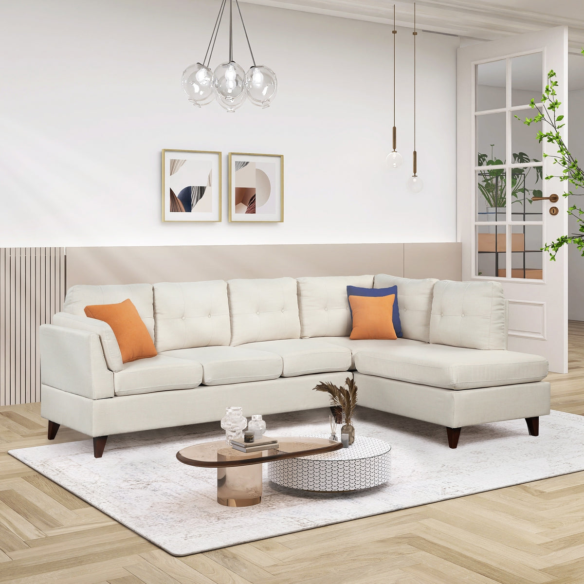 Beige Linen Fabric Sectional Sofa with Lumbar Pad M627