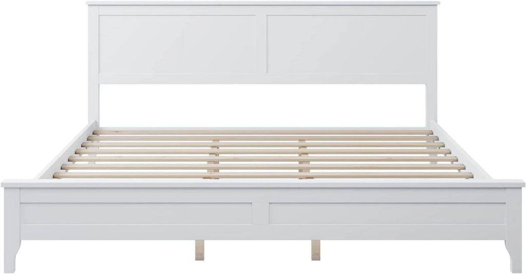 White Platform Bed with Headboard, Wood Bed Frame with Slat Support V304