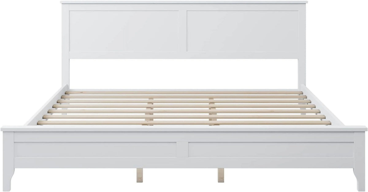 White Platform Bed with Headboard, Wood Bed Frame with Slat Support V304
