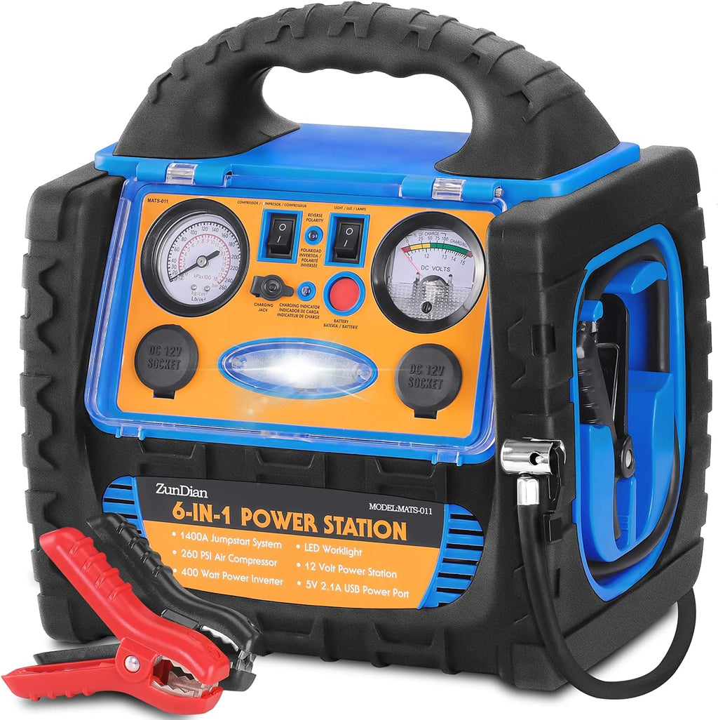 1400 Amp Battery Jump Starter with Air Compressor Car Tire Inflator, 110V 400W Power Inverter USB DC AC Outlet, 12V Emergency Auto Battery Booster Pack G206
