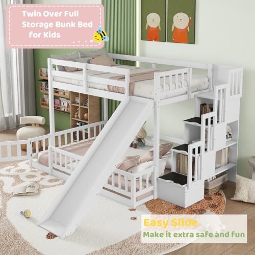 White Twin Over Full Bunk Bed with Slide and Stairs Q712