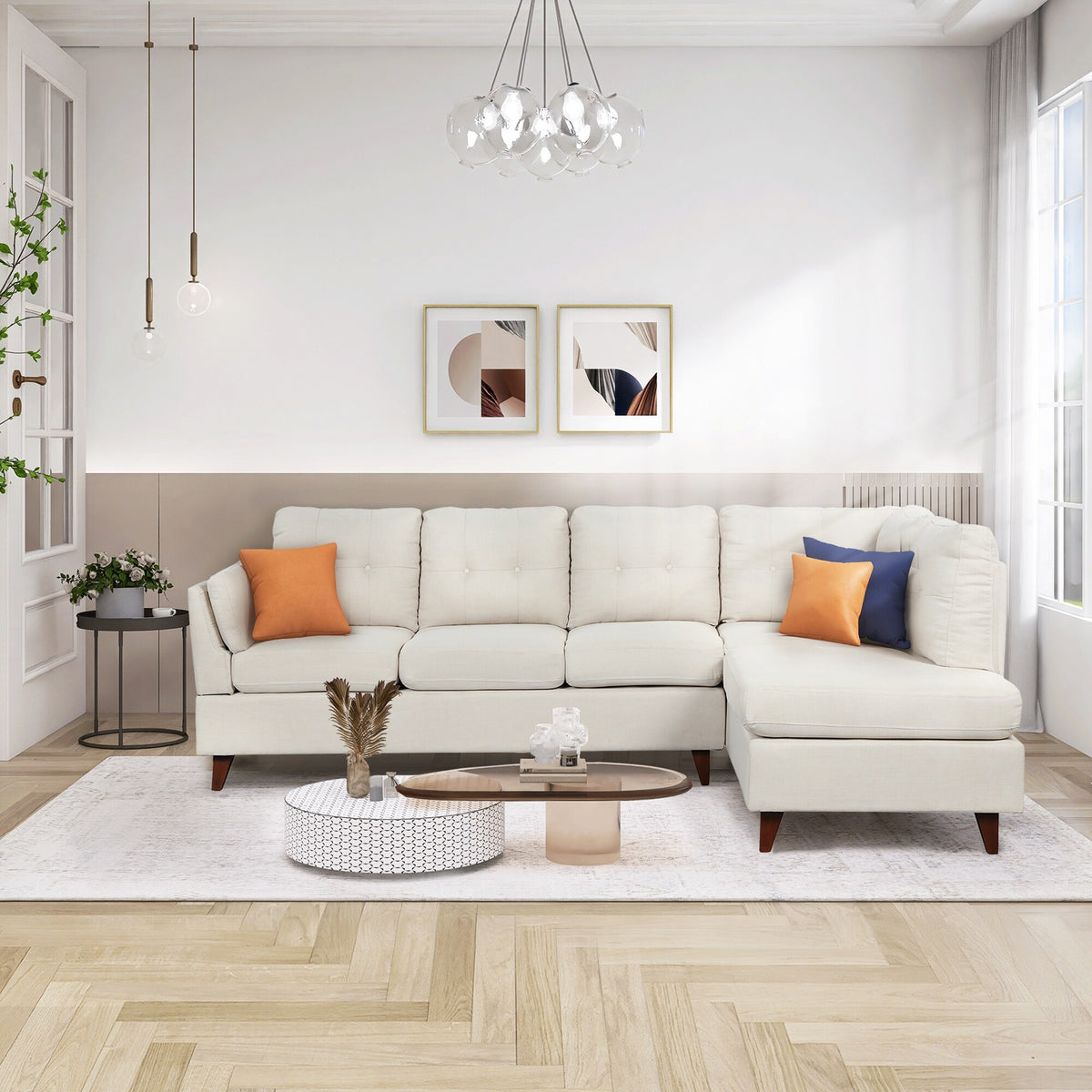 Beige Linen Fabric Sectional Sofa with Lumbar Pad M627